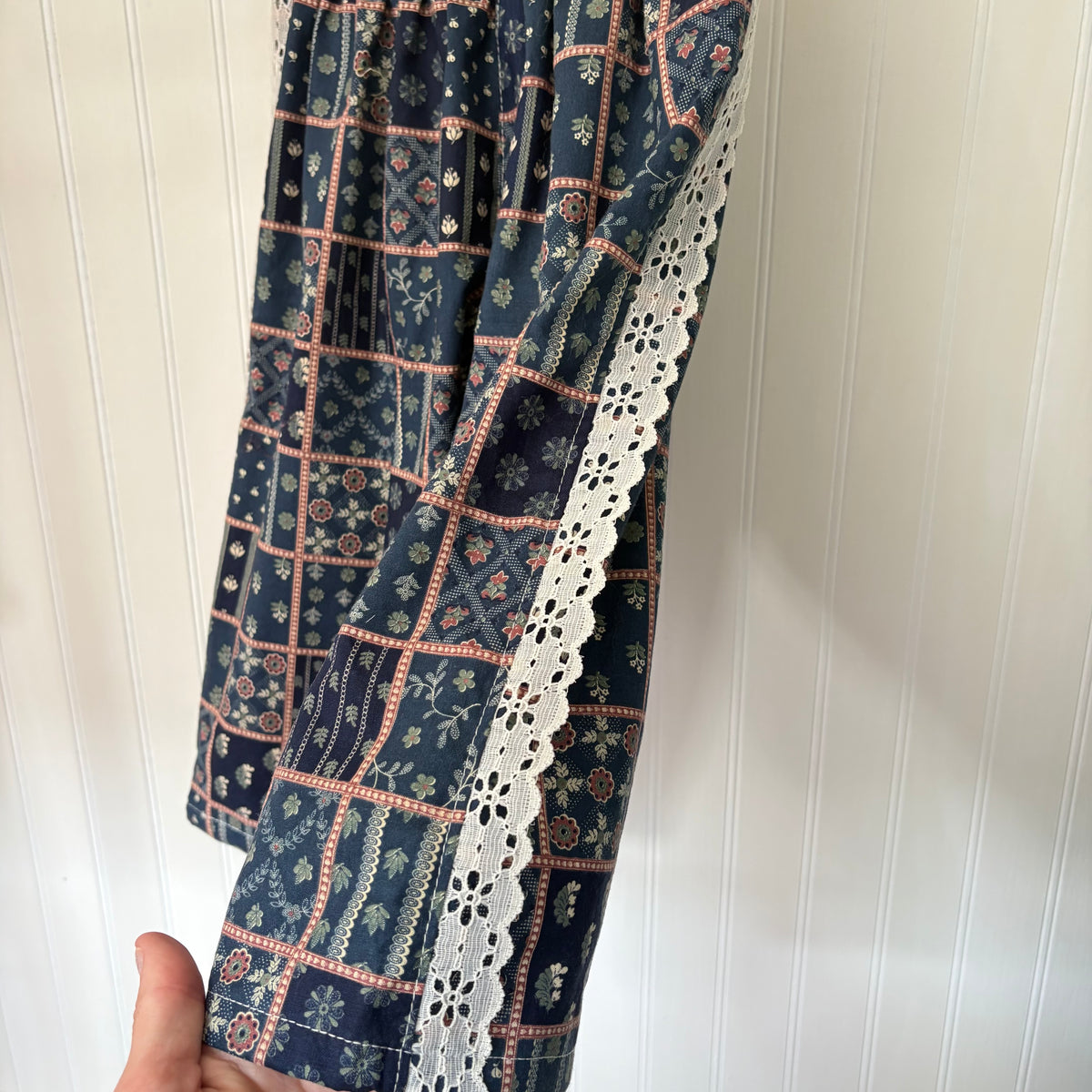 Grid floral lace trim pants - made to order