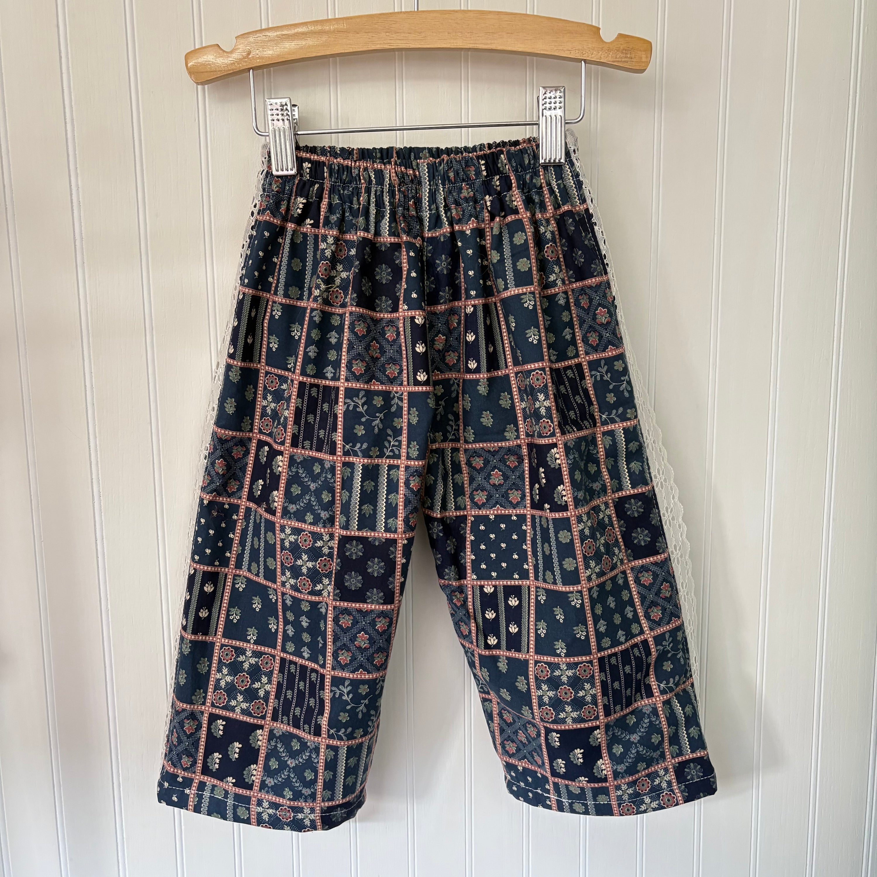 Grid floral lace trim pants - made to order