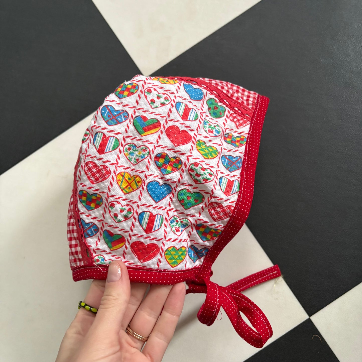 Hearts and gingham bonnet - made to order