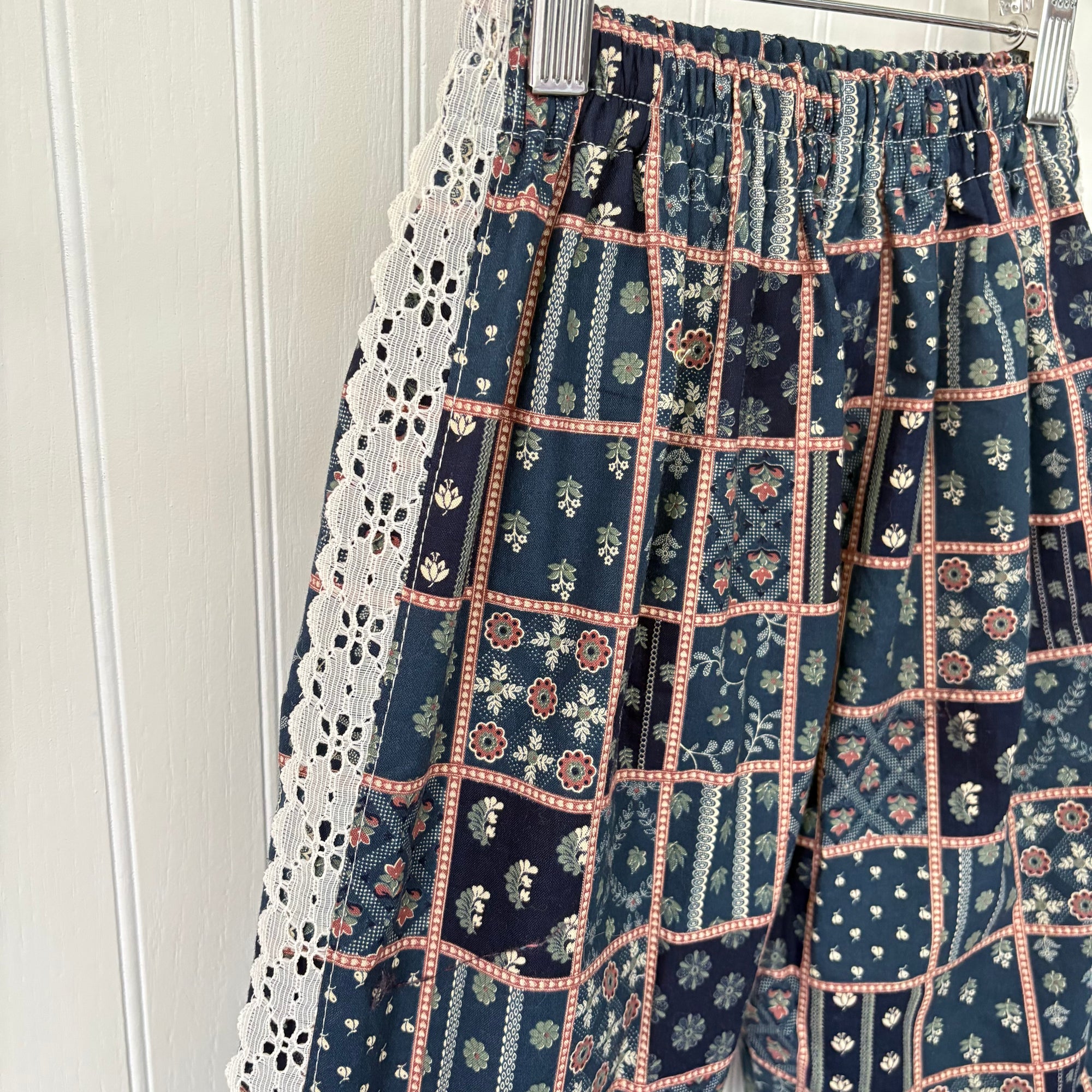 Grid floral lace trim pants - made to order